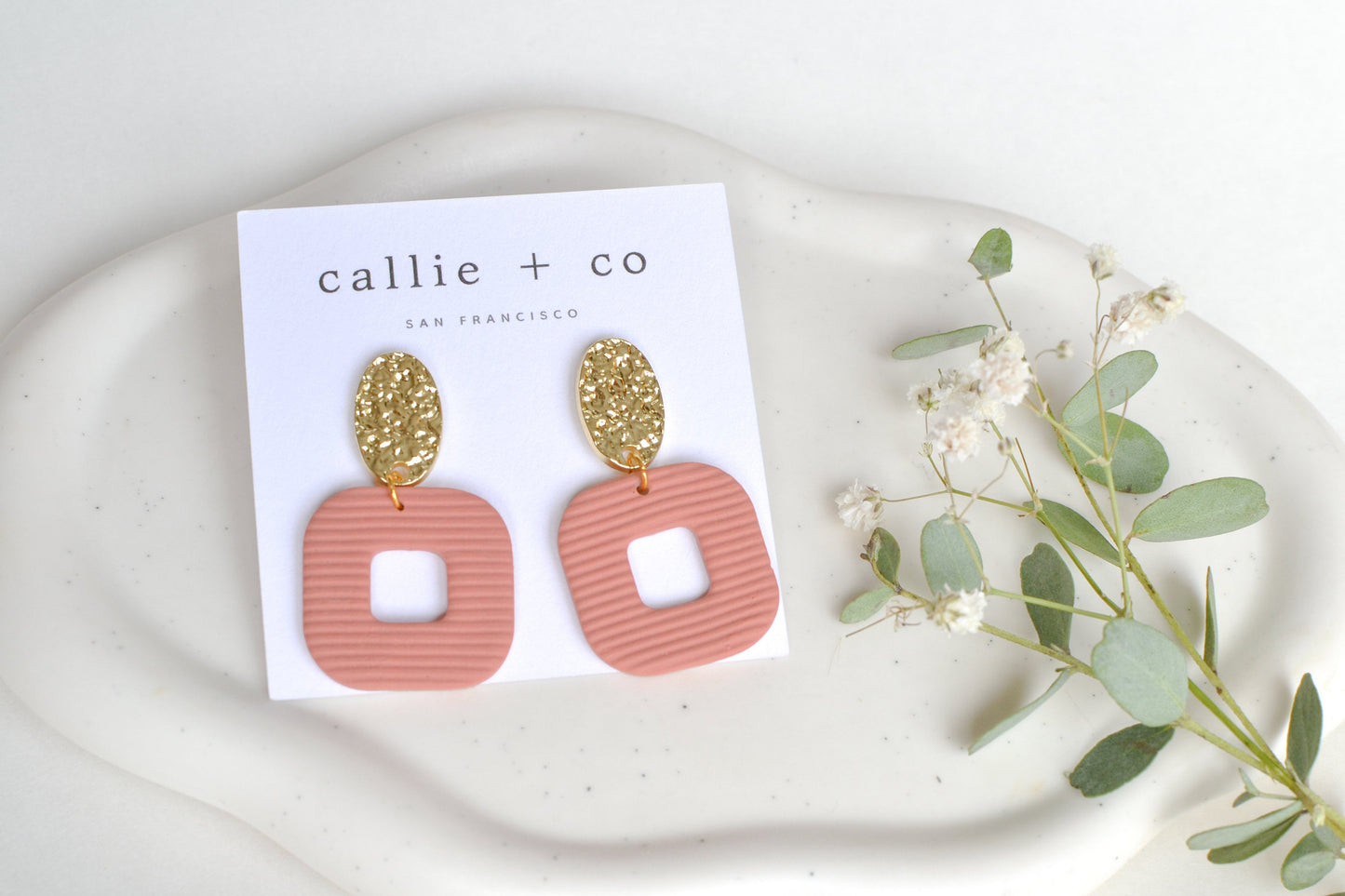 Grace Statement Earrings, Gold & Blush, Handmade Clay Earrings, Minimalist Modern, Hypoallergenic Titanium Posts