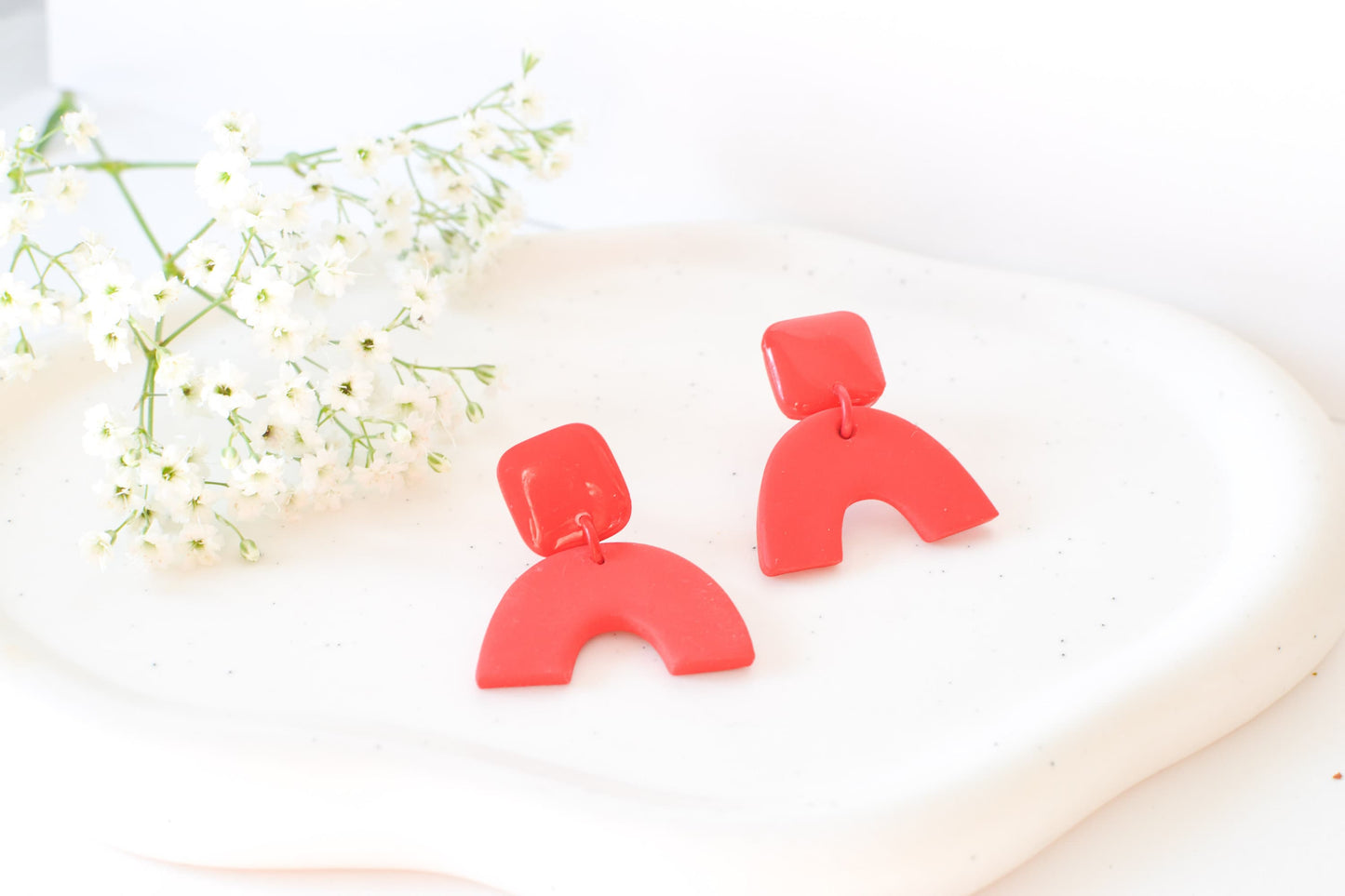 Caroline Arch Earrings, Scarlett Red, Handmade Clay Earrings, Hypoallergenic Titanium Posts