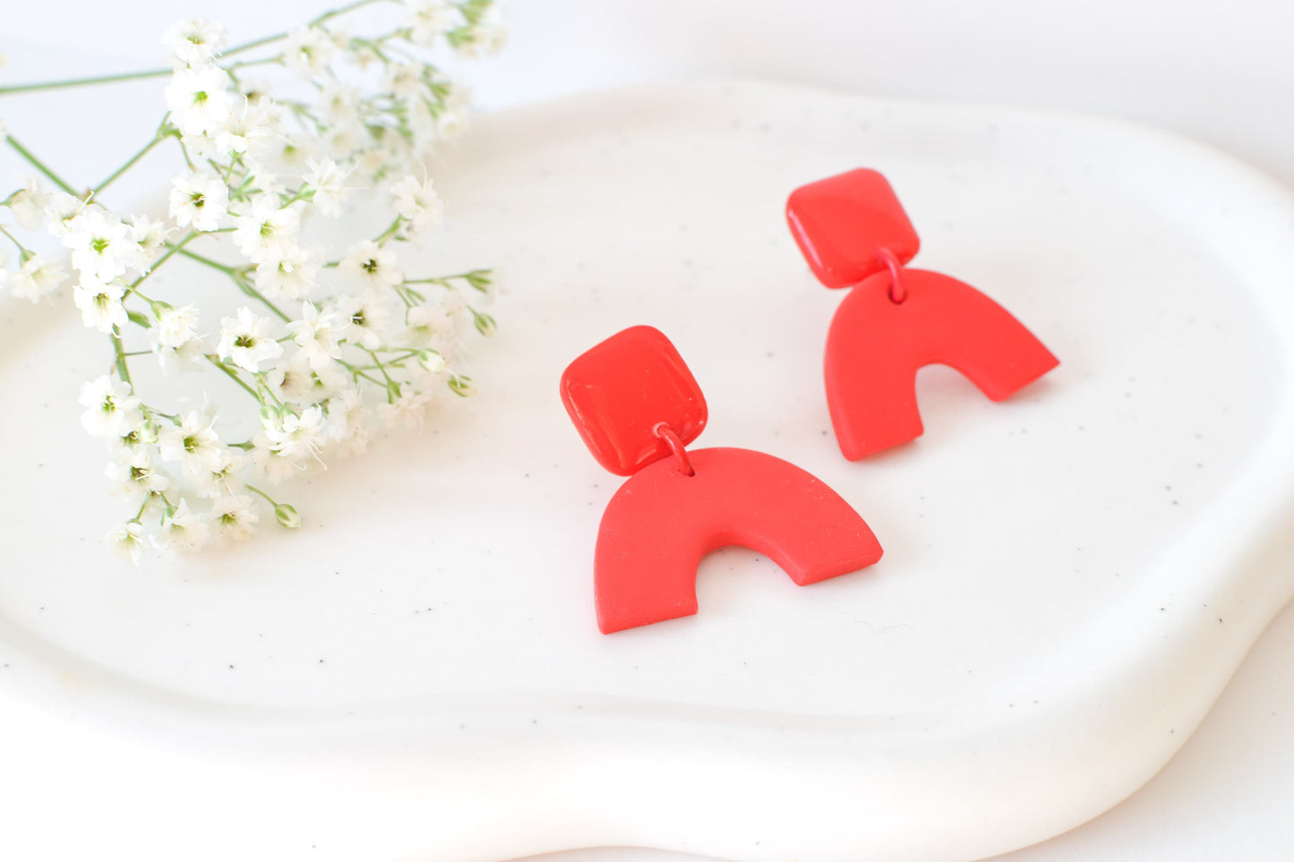 Caroline Arch Earrings, Scarlett Red, Handmade Clay Earrings, Hypoallergenic Titanium Posts