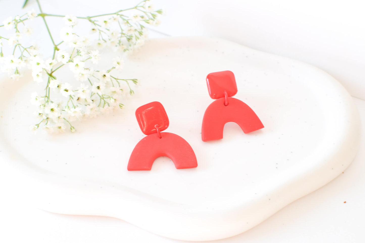 Caroline Arch Earrings, Scarlett Red, Handmade Clay Earrings, Hypoallergenic Titanium Posts