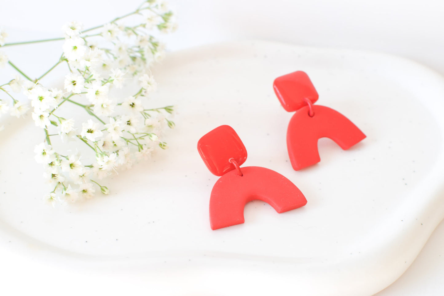 Caroline Arch Earrings, Scarlett Red, Handmade Clay Earrings, Hypoallergenic Titanium Posts