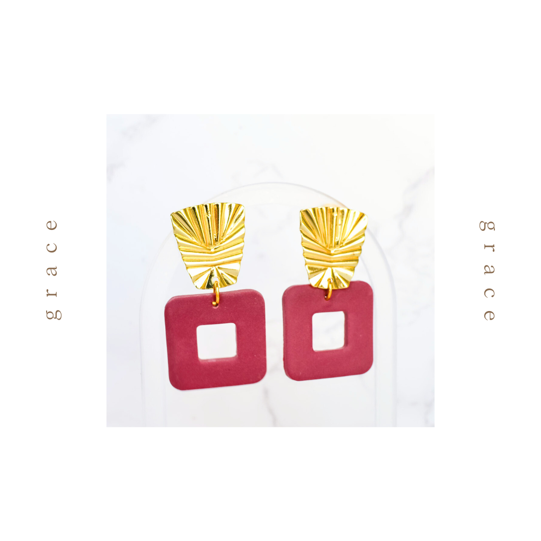 Grace Gold Statement Earrings | Burgundy