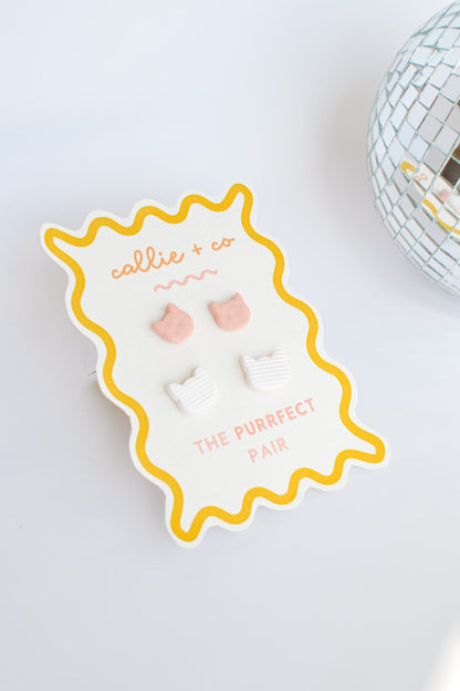 Cat Stud Earring Set | White + Pink