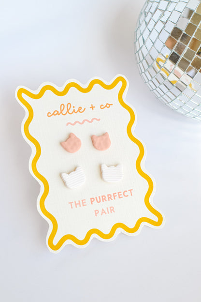 Cat Stud Earring Set | White + Pink