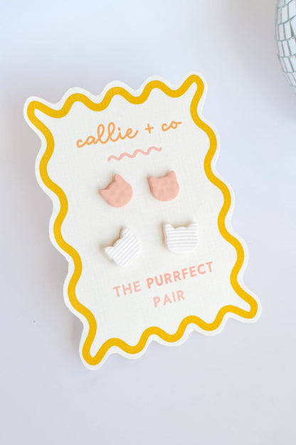 Cat Stud Earring Set | White + Pink