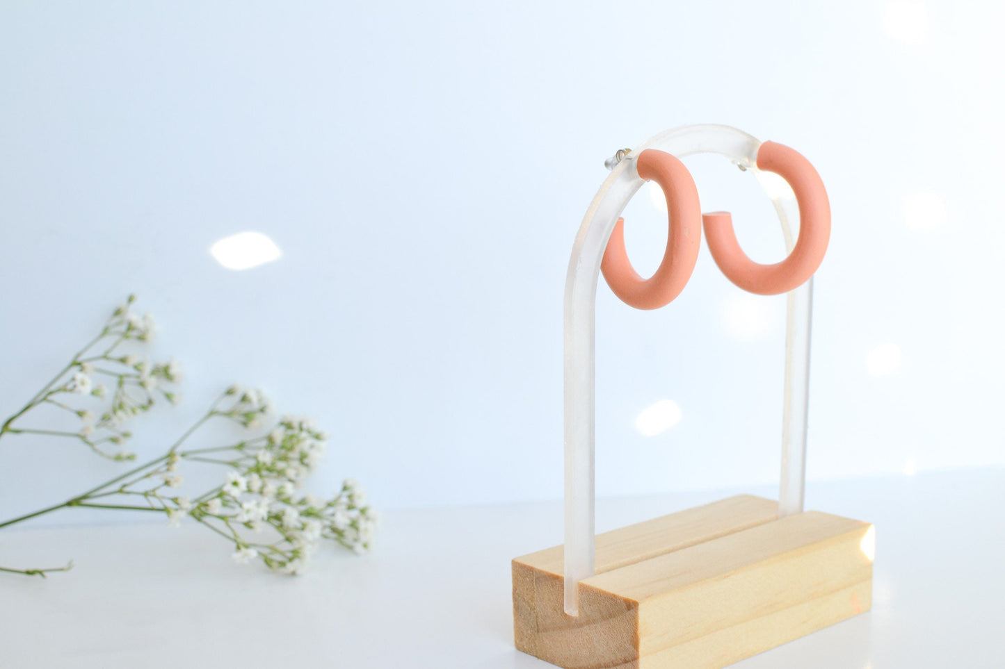 Medium Polymer Clay Hoops in Coral, Hypoallergenic Titanium Posts, Lightweight, Handmade Statement Earrings, Gift For Her