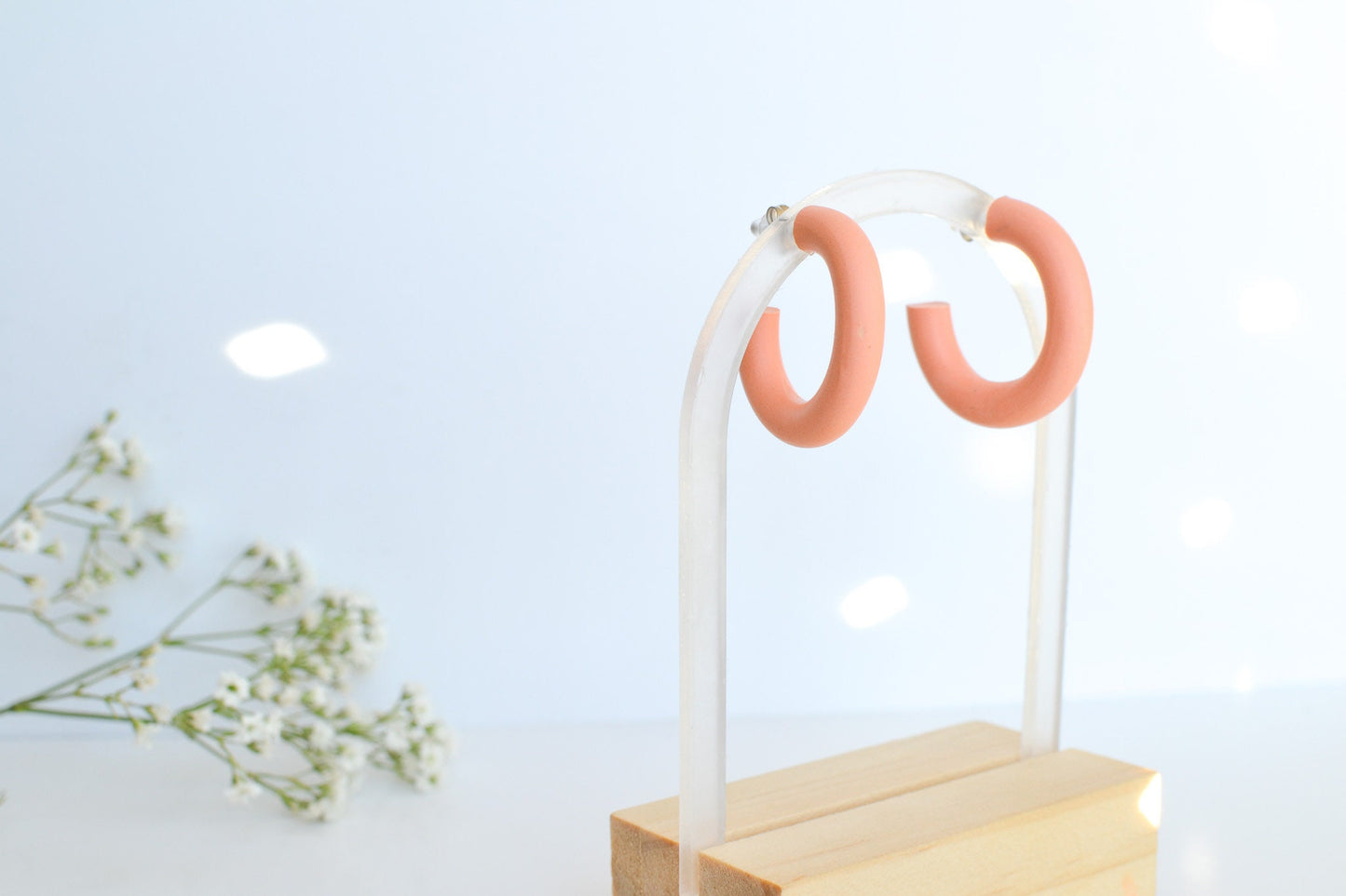 Medium Polymer Clay Hoops in Coral, Hypoallergenic Titanium Posts, Lightweight, Handmade Statement Earrings, Gift For Her