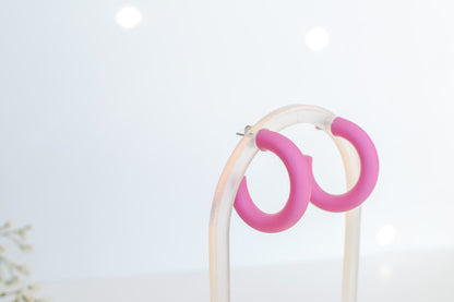 Medium Polymer Clay Hoops, Fuscia, Hypoallergenic Titanium Posts, Lightweight, Handmade Statement Earrings, Gift For Her