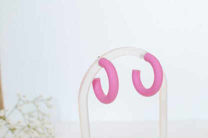 Medium Polymer Clay Hoops, Fuscia, Hypoallergenic Titanium Posts, Lightweight, Handmade Statement Earrings, Gift For Her