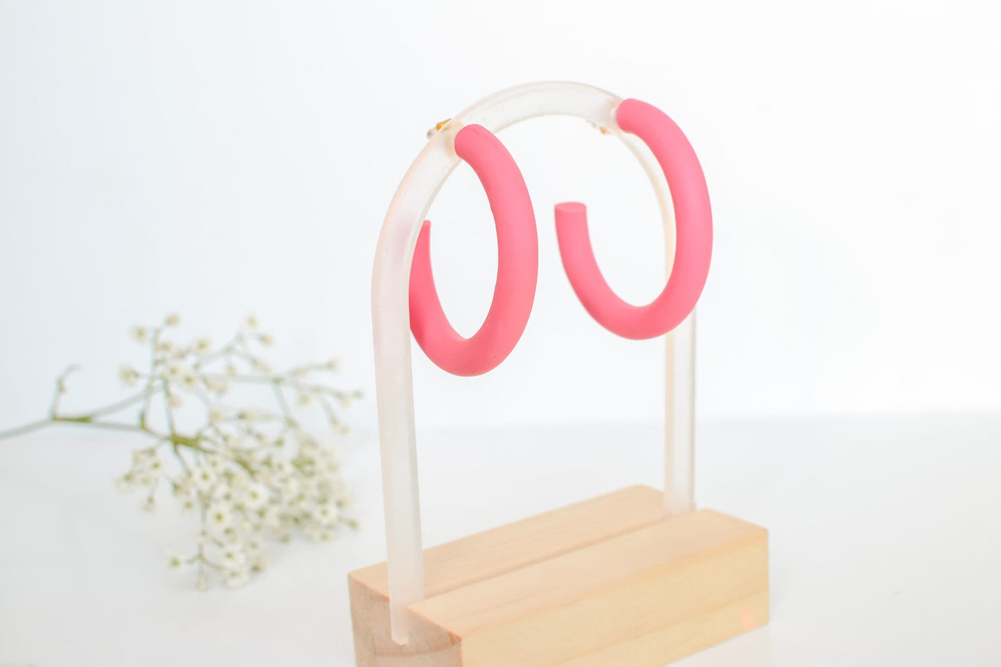 Barbie Pink Polymer Clay Hoops, Hypoallergenic Titanium Posts, Lightweight, Handmade Statement Earrings, Gift For Her