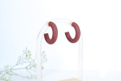 Polymer Clay Hoops, Burgundy, Hypoallergenic Titanium Posts, Lightweight, Handmade Statement Earrings, Gift For Her