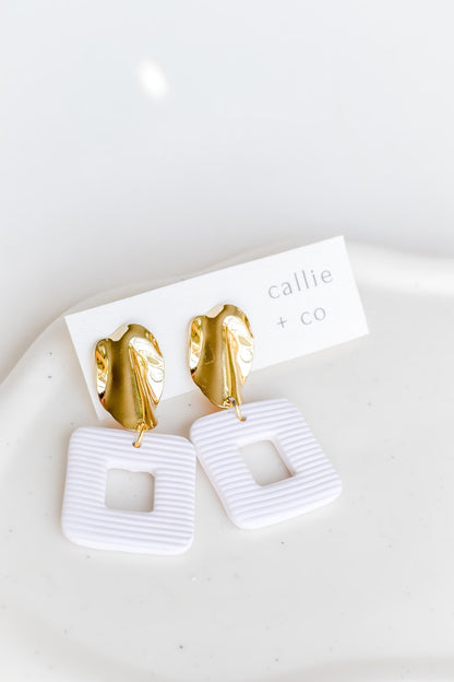 Grace Statement Earrings, Gold & White, Handmade Clay Earrings, Minimalist Modern, Hypoallergenic Titanium Posts