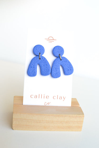 Caroline Arches, Textured Blue, Handmade Clay Statement Earrings, Modern, Hypoallergenic Titanium Posts