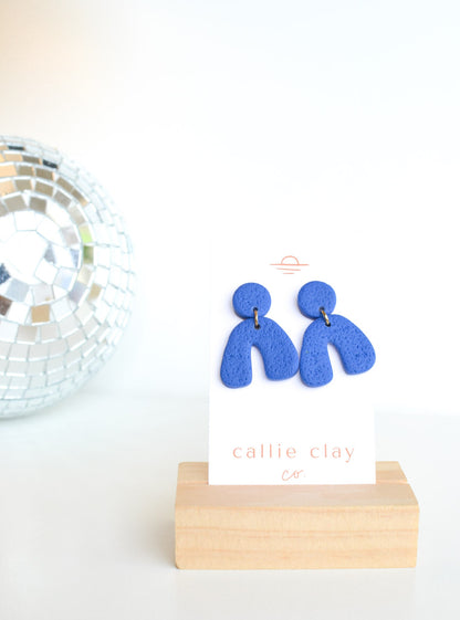 Caroline Arches, Textured Blue, Handmade Clay Statement Earrings, Modern, Hypoallergenic Titanium Posts