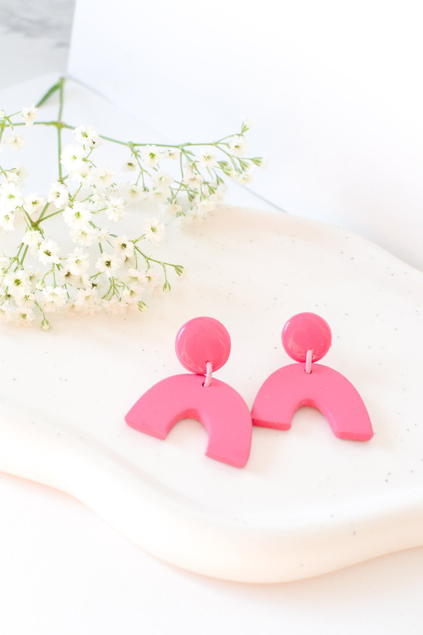 Caroline Arches, Hot Pink, Handmade Clay Statement Earrings, Modern, Hypoallergenic Titanium Posts