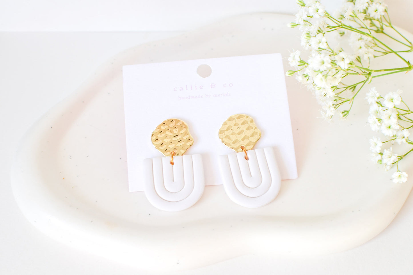 Gold and White Dangles, Handmade Clay Earrings, Minimalist Modern, Hypoallergenic Titanium Posts