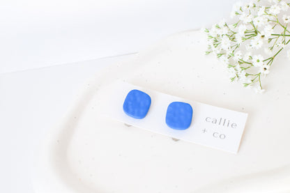 Clip-On Clay Stud Earrings, Textured Blue, Polymer Clay Earrings, Hypoallergenic Titanium Posts, Lightweight, Handmade, Modern