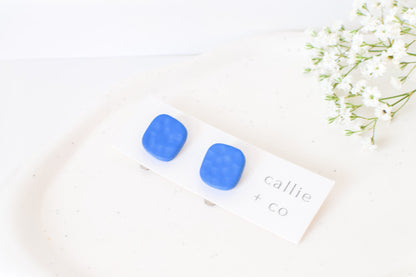 Clip-On Clay Stud Earrings, Textured Blue, Polymer Clay Earrings, Hypoallergenic Titanium Posts, Lightweight, Handmade, Modern