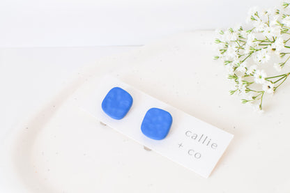 Clip-On Clay Stud Earrings, Textured Blue, Polymer Clay Earrings, Hypoallergenic Titanium Posts, Lightweight, Handmade, Modern