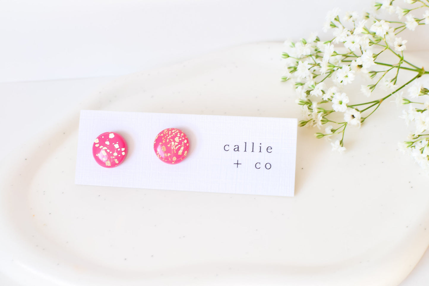 Pink & Gold Glossy Stud Earrings, Polymer Clay Earrings, Hypoallergenic Titanium Posts, Lightweight, Handmade, Modern