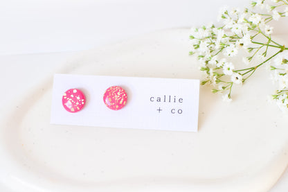 Pink & Gold Glossy Stud Earrings, Polymer Clay Earrings, Hypoallergenic Titanium Posts, Lightweight, Handmade, Modern