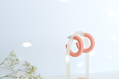 Medium Polymer Clay Hoops in Coral, Hypoallergenic Titanium Posts, Lightweight, Handmade Statement Earrings, Gift For Her