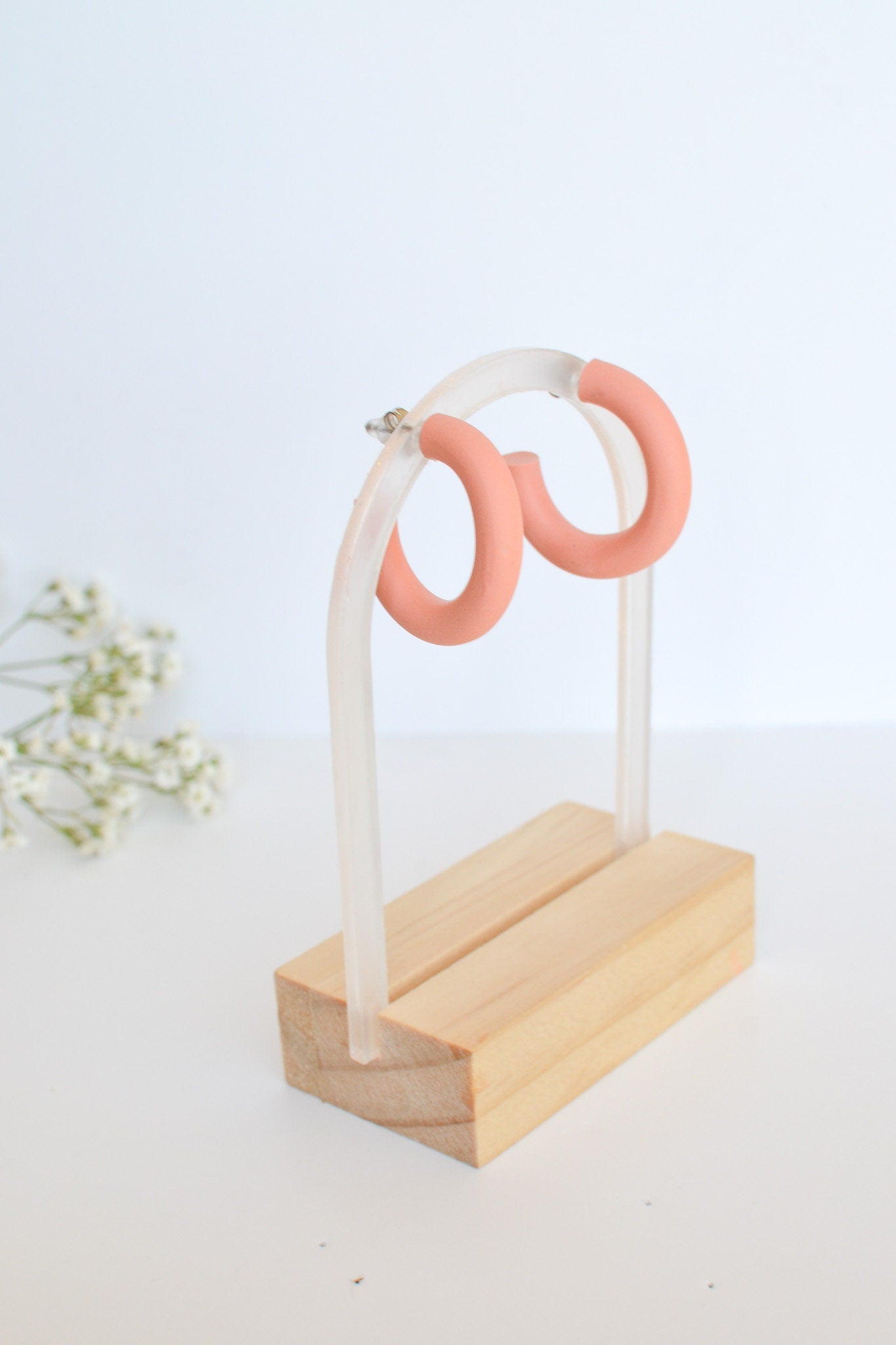 Medium Polymer Clay Hoops in Coral, Hypoallergenic Titanium Posts, Lightweight, Handmade Statement Earrings, Gift For Her