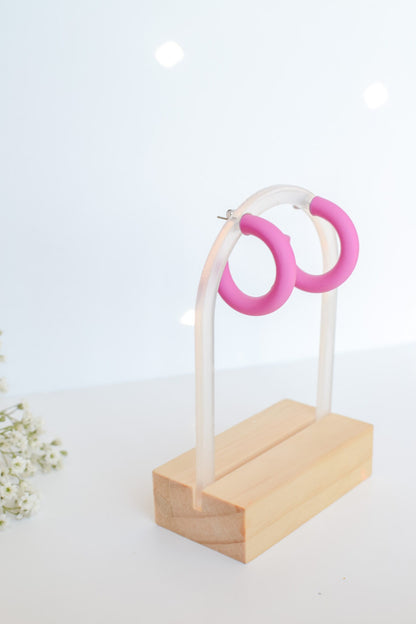 Medium Polymer Clay Hoops, Fuscia, Hypoallergenic Titanium Posts, Lightweight, Handmade Statement Earrings, Gift For Her