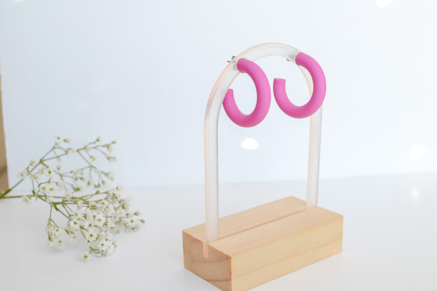 Medium Polymer Clay Hoops, Fuscia, Hypoallergenic Titanium Posts, Lightweight, Handmade Statement Earrings, Gift For Her