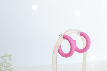 Medium Polymer Clay Hoops, Fuscia, Hypoallergenic Titanium Posts, Lightweight, Handmade Statement Earrings, Gift For Her