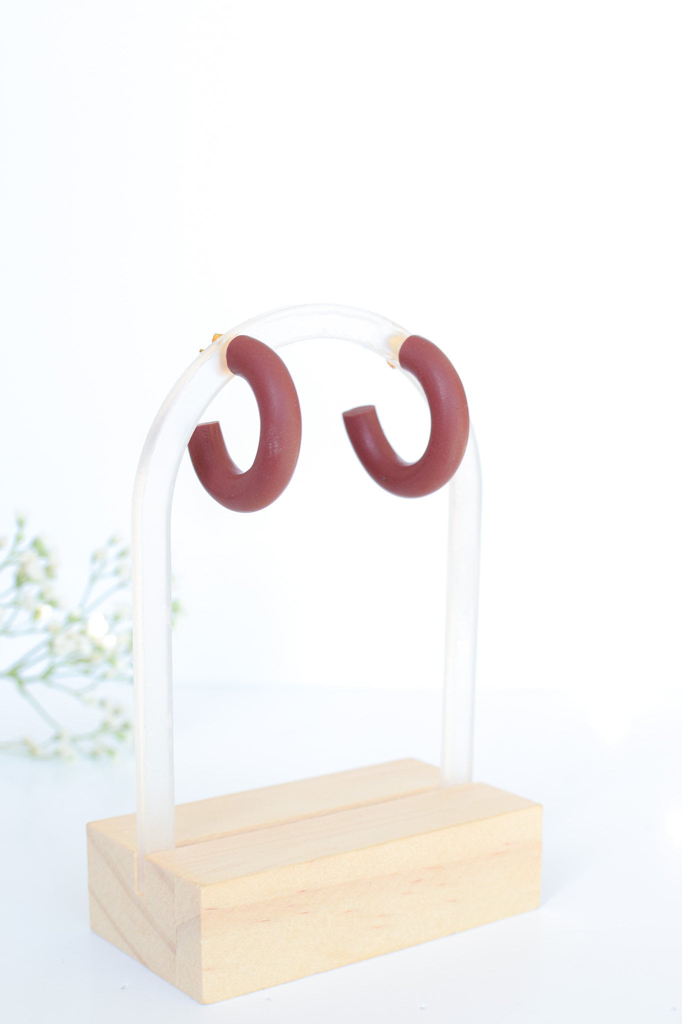 Polymer Clay Hoops, Burgundy, Hypoallergenic Titanium Posts, Lightweight, Handmade Statement Earrings, Gift For Her