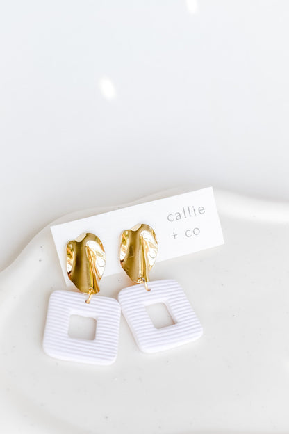 Grace Statement Earrings, Gold & White, Handmade Clay Earrings, Minimalist Modern, Hypoallergenic Titanium Posts