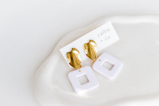 Grace Statement Earrings, Gold & White, Handmade Clay Earrings, Minimalist Modern, Hypoallergenic Titanium Posts