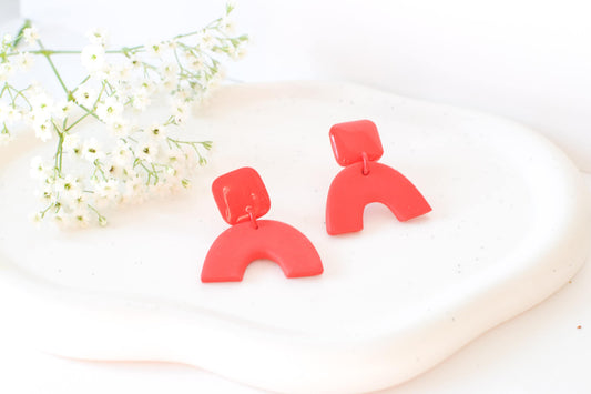 Caroline Arch Earrings, Scarlett Red, Handmade Clay Earrings, Hypoallergenic Titanium Posts