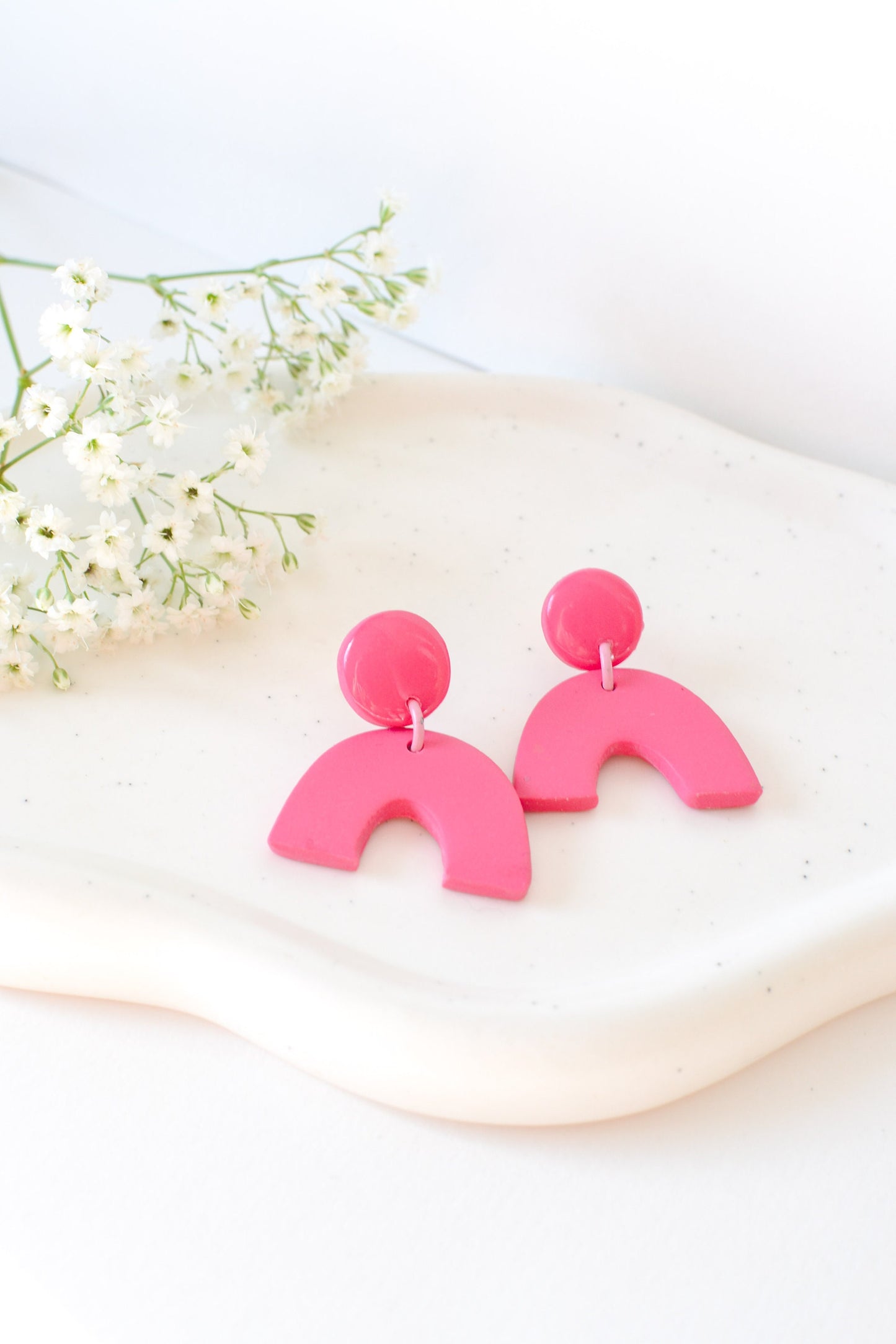 Caroline Arches, Hot Pink, Handmade Clay Statement Earrings, Modern, Hypoallergenic Titanium Posts