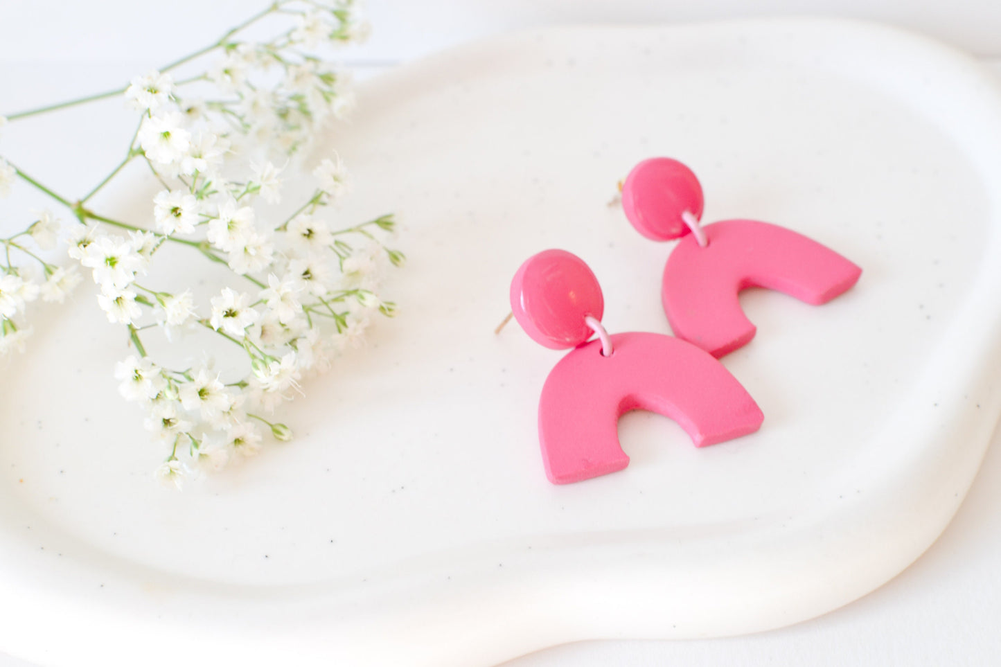 Caroline Arches, Hot Pink, Handmade Clay Statement Earrings, Modern, Hypoallergenic Titanium Posts