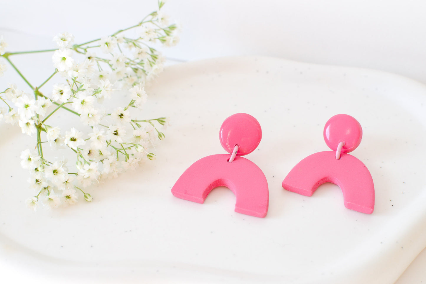 Caroline Arches, Hot Pink, Handmade Clay Statement Earrings, Modern, Hypoallergenic Titanium Posts