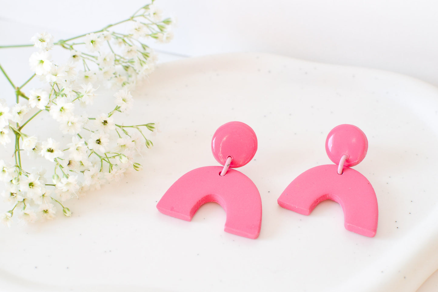 Caroline Arches, Hot Pink, Handmade Clay Statement Earrings, Modern, Hypoallergenic Titanium Posts