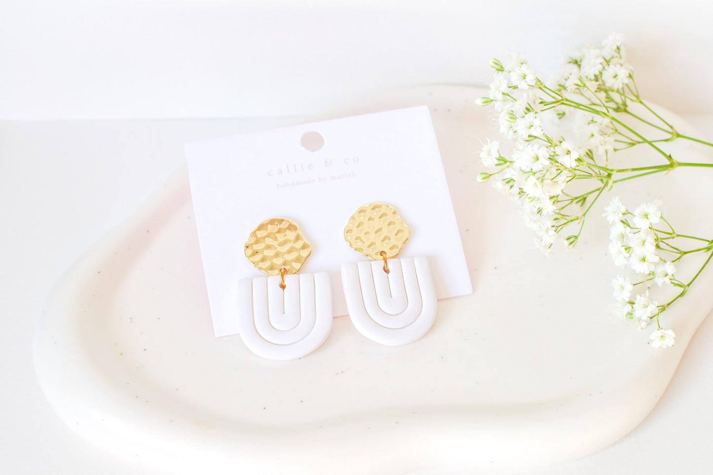 Gold and White Dangles, Handmade Clay Earrings, Minimalist Modern, Hypoallergenic Titanium Posts