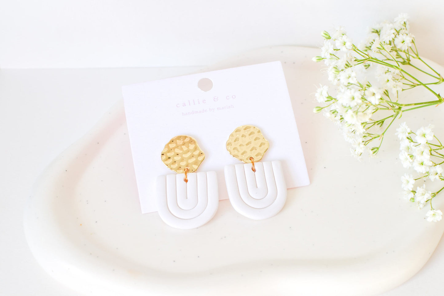 Gold and White Dangles, Handmade Clay Earrings, Minimalist Modern, Hypoallergenic Titanium Posts