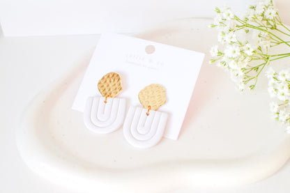 Gold and White Dangles, Handmade Clay Earrings, Minimalist Modern, Hypoallergenic Titanium Posts