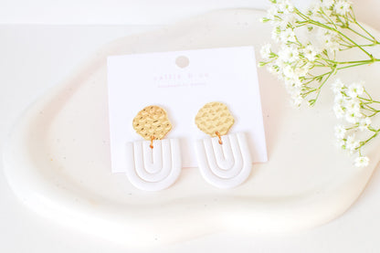 Gold and White Dangles, Handmade Clay Earrings, Minimalist Modern, Hypoallergenic Titanium Posts