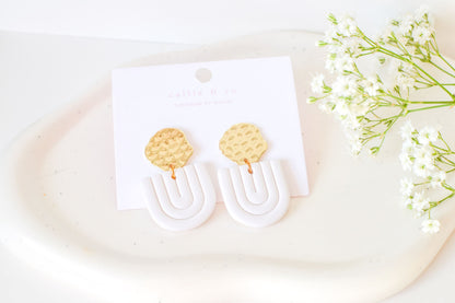 Gold and White Dangles, Handmade Clay Earrings, Minimalist Modern, Hypoallergenic Titanium Posts