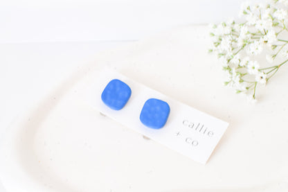 Clip-On Clay Stud Earrings, Textured Blue, Polymer Clay Earrings, Hypoallergenic Titanium Posts, Lightweight, Handmade, Modern