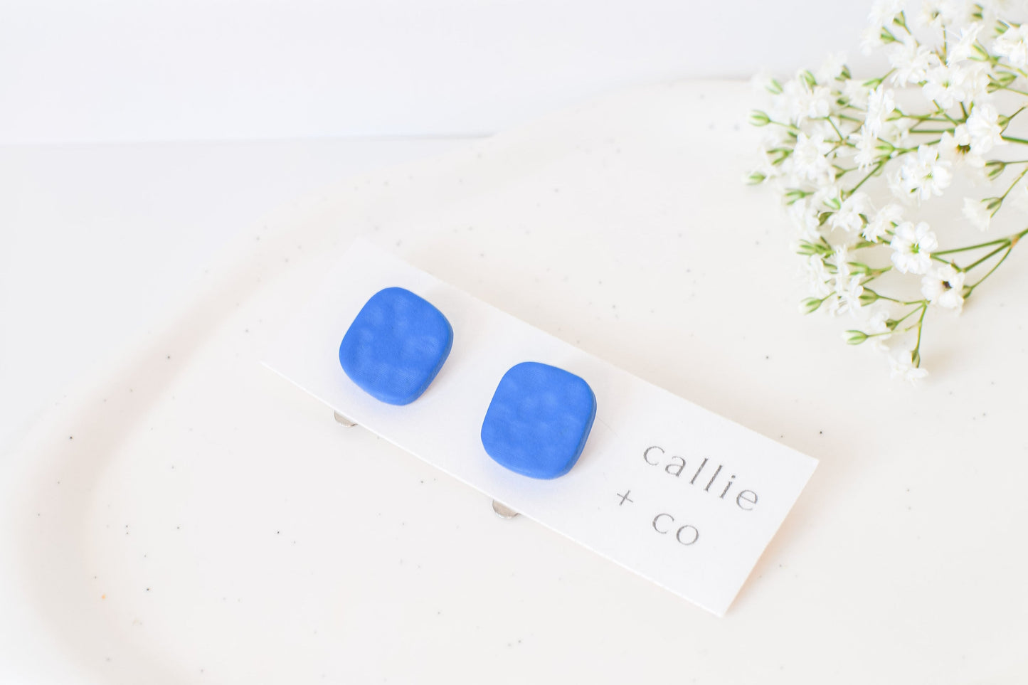 Clip-On Clay Stud Earrings, Textured Blue, Polymer Clay Earrings, Hypoallergenic Titanium Posts, Lightweight, Handmade, Modern