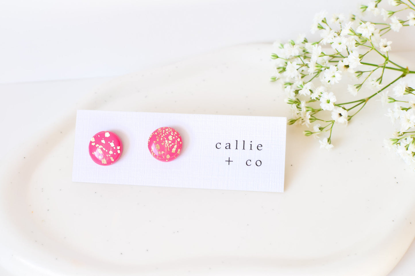 Pink & Gold Glossy Stud Earrings, Polymer Clay Earrings, Hypoallergenic Titanium Posts, Lightweight, Handmade, Modern