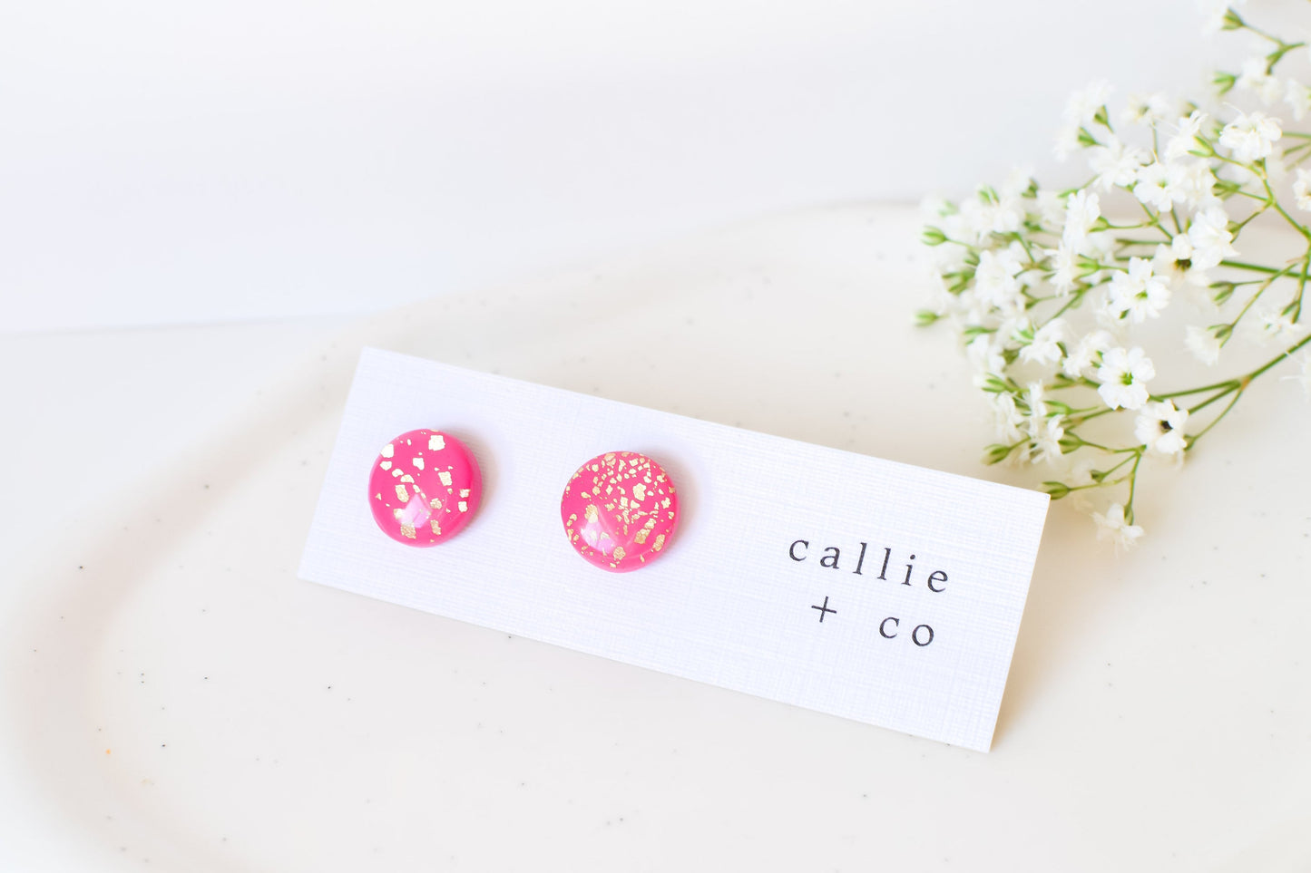 Pink & Gold Glossy Stud Earrings, Polymer Clay Earrings, Hypoallergenic Titanium Posts, Lightweight, Handmade, Modern