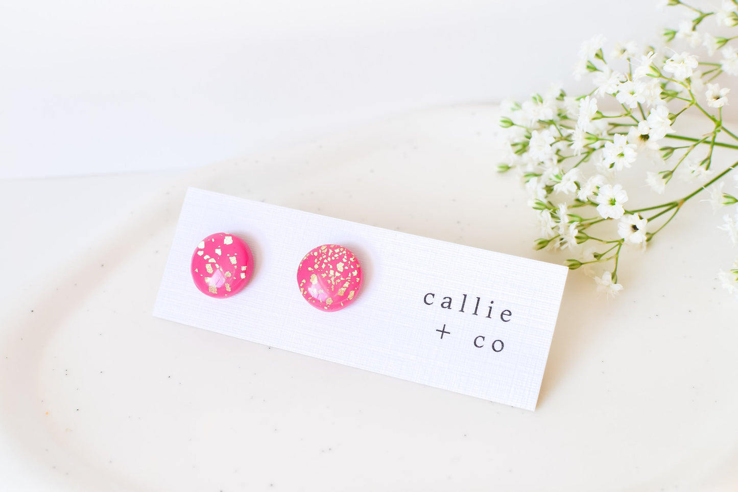 Pink & Gold Glossy Stud Earrings, Polymer Clay Earrings, Hypoallergenic Titanium Posts, Lightweight, Handmade, Modern